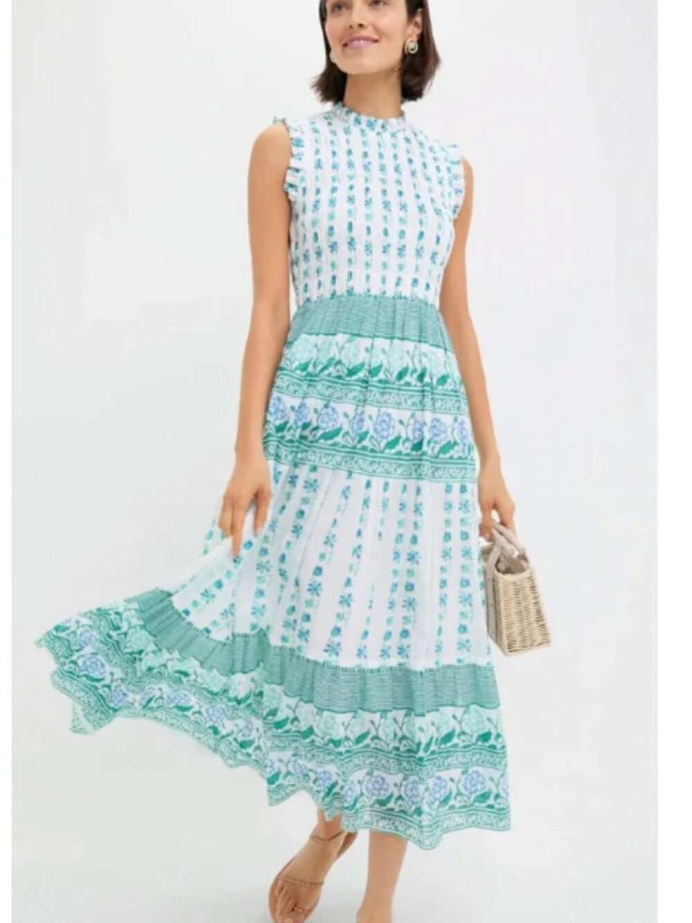 OLIPHANT Tuckernuck Boreggo Green Sleeveless Smocked Cotton Maxi Dress sz: Small